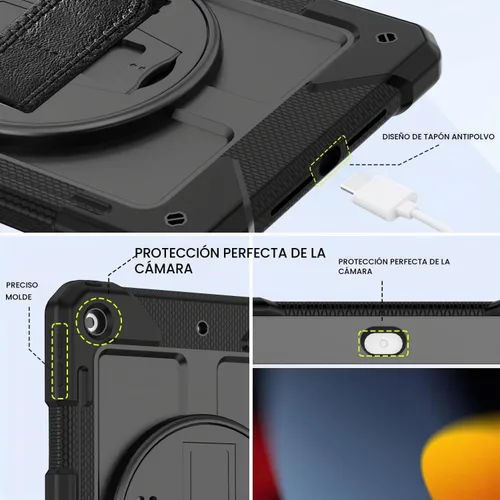 Vista 4 de BMOUO Funda para iPad de 9ª/8ª/7ª generación de 10.2", a prueba de golpes con soporte giratorio de 360°, correa de hombro y mano, funda para iPad