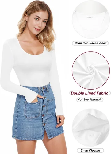 Vista 2 de MANGOPOP Body de doble forro fruncido para mujer, manga larga, cuello redondo, cuello cuadrado, camisas básicas