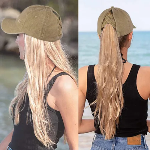 Vista 7 de Muryobao Gorra de béisbol ajustable de algodón desgastado para mujer, diseño de cola de caballo y moño desordenado