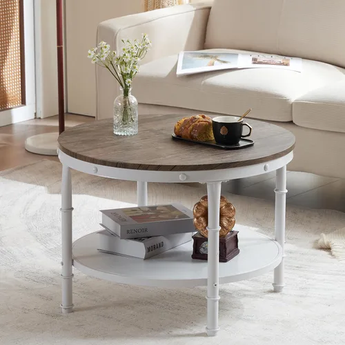 Vista 5 de VINGLI - Mesa de café de granja redonda de nogal oscuro y blanco de 25.6", mesa de centro con 2 estantes de almacenamiento para sala de estar