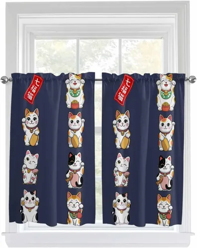 Vista 7 de Cortinas japonesas Noren para ventana de 24 pulgadas de largo, juego de 2 paneles, cortinas de cocina con bolsillo para cortinero, cortinas