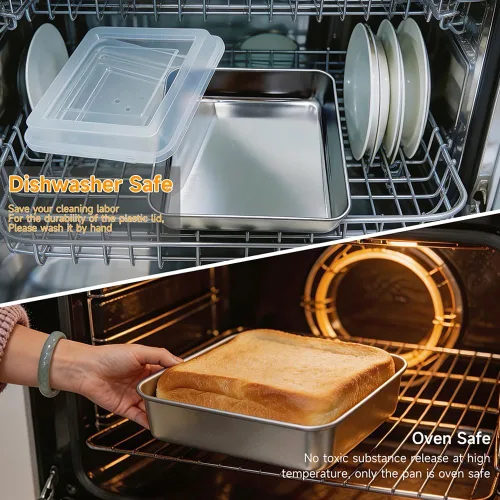 Vista 5 de Juego de moldes cuadrados de acero inoxidable de 6 x 6 pulgadas con tapa para hornear lasaña, con tapa para pasteles, brownies, galletas, horno apto