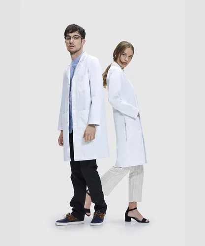 Vista 4 de Dr. James Abrigo de laboratorio profesional, bolsillos para teléfonos inteligentes y tabletas, ajuste clásico, 40 pulgadas de largo, color blanco