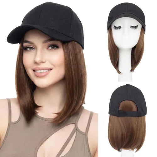 Vista 25 de SEGO - Gorra de béisbol con extensiones de cabello para mujer, resistente al calor, sintético, 6 pulgadas, ajustable, corta, recta, peluca
