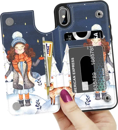 Vista 2 de LETO Funda para iPhone X, funda para iPhone Xs, funda de piel tipo cartera con diseños de moda para niñas y mujeres, funda tipo folio con ranuras
