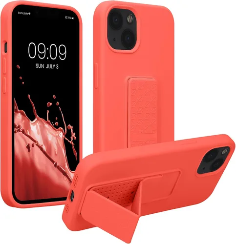 Vista 18 de kwmobile Funda compatible con Apple iPhone 13 - Funda con correa de mano y soporte revestimiento de silicona TPU suave - Azul Báltico