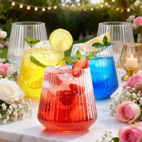 Vista 2 de BESTSTAR 36 Piezas Copas de Vino de Plástico Transparente Acanalado de 12 onzas, Copas de Champán Desechables de Origami Onduladas, Elegantes Vasos