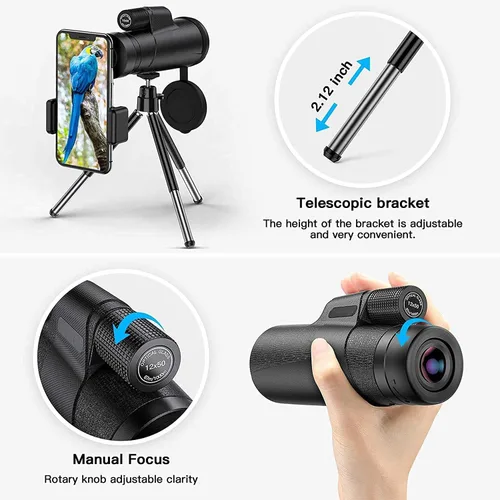 Vista 6 de Telescopio monoculares, monoculares de alta potencia con soporte para teléfono inteligente y trípode, pájaros de aspecto salvaje, búsqueda