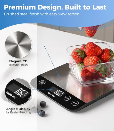 Vista 5 de Báscula de alimentos, báscula de cocina recargable de 33 libras con acero inoxidable, gramos y onzas, carga USB, 0.04 oz de alta precisión