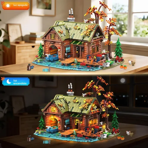 Vista 6 de INSOON Set de Construcción Mini de Cabaña sobre el Agua con Luz, 2423 PIEZAS, Juego de Bloques de Madera de Casa en el Bosque con Barco, Bicicleta