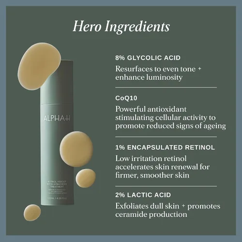 Vista 3 de Alpha-H Retinol Reboot Tratamiento Corporal Exfoliante 4.1 fl oz - Firme, Suaviza e ilumina la piel del cuerpo - Reduce la apariencia de líneas