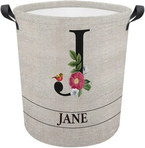 Vista 26 de Cesta de lavandería con inicial floral personalizada, monograma, nombre personalizado, flores y pájaros, cesta de ropa plegable de tela, caja