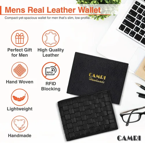 Vista 5 de CAMRI Cartera de cuero tejida a mano para hombre, tarjetero de crédito, carteras de bloqueo RFID para hombres del Reino Unido, peso ligero, delgado