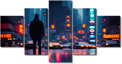 Vista 55 de Póster de 5 paneles en lienzo para decoración de pared, diseño de centro urbano Cyberpunk, impresión moderna, decoración de pared para el hogar
