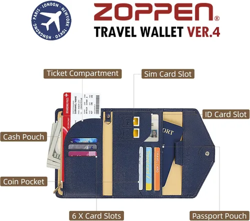 Vista 125 de Zoppen - Billetera de viaje con bloqueo RFID multiusos (Ver.4) Portatarjetas de pasaporte y vacunas, organizador de documentos de tres pliegues