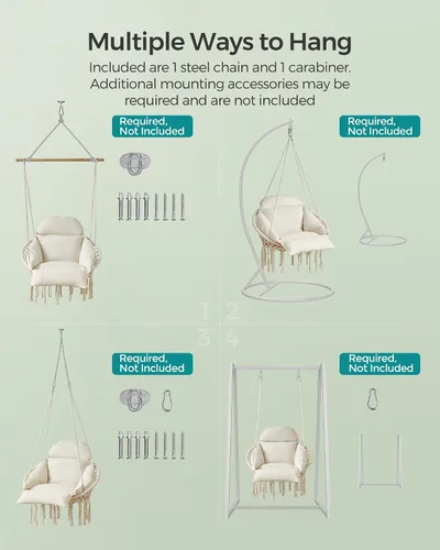 Vista 4 de SONGMICS UGDC042M01 - Silla colgante, hamaca con cojín grande y grueso, silla columpio bohemia para dormitorio, patio, balcón, jardín, soporta hasta