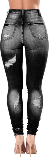 Vista 34 de KUNMI - Pantalones de mezclilla clásicos de cintura alta para mujer, elásticos, con efecto de levantamiento de glúteos, ajustados