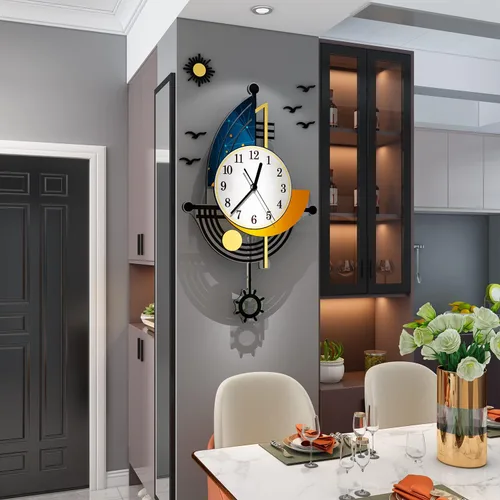 Vista 5 de YISILE Reloj de pared moderno, funciona con pilas, 23 pulgadas, diseño de barco grande, relojes de pared de péndulo para decoración de sala