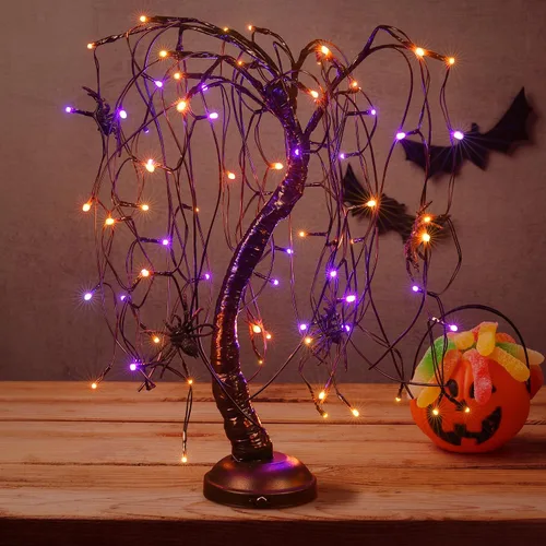 Vista 7 de Luz de bonsái de sauce iluminada de 24 pulgadas para Halloween, 80 luces LED naranjas, lámpara de mesa, árbol artificial, decoración de escritorio