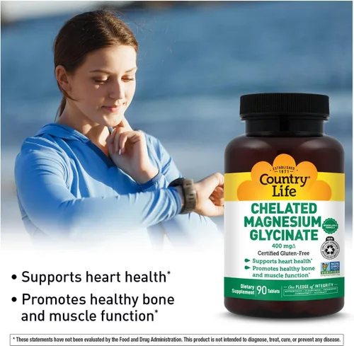 Vista 4 de Country Life Glicinato de magnesio quelado, 400 mg, magnesio de alta absorción para calma, relajación muscular, energía y apoyo óseo, certificado