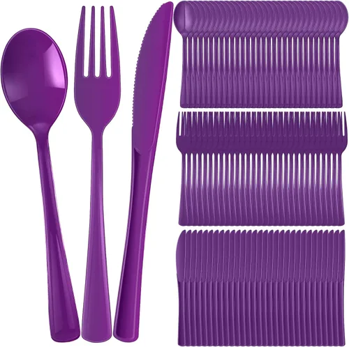 Vista 11 de Juego de cubiertos de plástico de 300 piezas, juego de cubiertos de plástico resistente, incluye 100 cucharas desechables, 100 tenedores, cuchillos