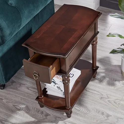 Vista 2 de Mesa auxiliar de sofá, mesa auxiliar de madera, mesa auxiliar estrecha con estante de almacenamiento abierto y cajón, mesa auxiliar rectangular