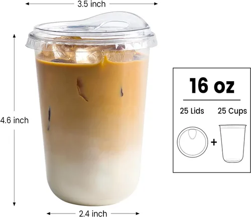 Vista 2 de Tazas de plástico transparentes con fondo redondo y tapas con orificio, 25 juegos, tazas de café helado desechables de 16 oz con tapas sin pajita