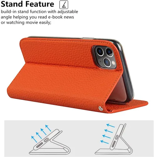 Vista 6 de iCoverCase Compatible con iPhone 11 Pro Max, funda magnética de piel auténtica con bloqueo RFID, correa para la muñeca y ranuras para tarjetas