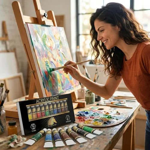 Vista 2 de Juego de pintura acrílica. Pinturas artísticas de calidad para pintar lona, madera, arcilla, tela, uñas, cerámica y artesanías. 12 colores vibrantes