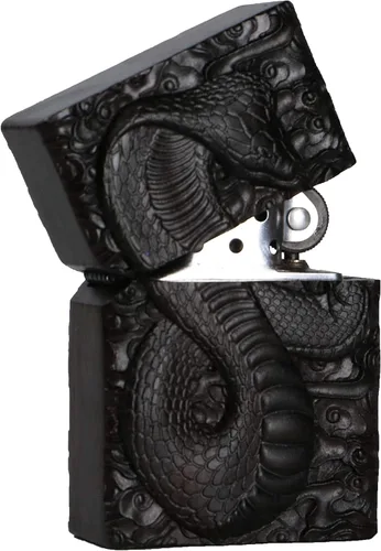 Vista 4 de Caja de carcasa de madera de ébano negro natural tallada para módulo Zippo (Serpiente Cobra)