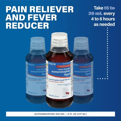 Vista 2 de MAJOR Acetaminofeno líquido extra fuerte para adultos, 500 mg, ayuda a aliviar el dolor y reducir la fiebre, sin aspirina, sabor a cereza, 8 onzas