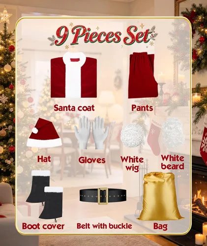 Vista 4 de Conjunto de 9 piezas de disfraz de Papá Noel para hombre Rojo vino