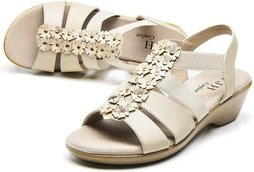 Vista 5 de VJH confort Sandalias de cuña para mujer, sandalias planas casuales con plataforma elástica de flores