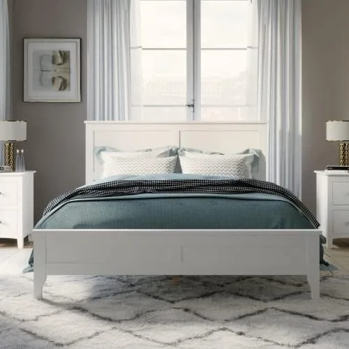 Vista 3 de Majnesvon Cama de plataforma de tamaño matrimonial con cabecera y estribo, cama de plataforma de madera maciza blanca de estilo conciso tradicional