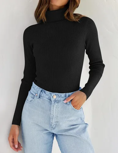 Vista 2 de ZESICA Camisas de manga larga con cuello alto para mujer, camisetas básicas de primavera, suéter de punto acanalado ajustado