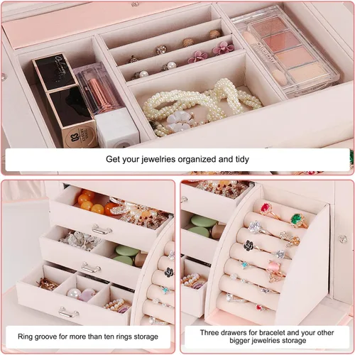 Vista 6 de Botanka Joyero para mujer caja de joyería de piel sintética cajas organizadoras de almacenamiento para anillos aretes collares pulseras estuche