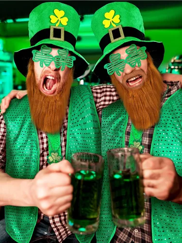 Vista 5 de Yinder Juego de 8 piezas de disfraz del día de San Patricio, chaleco de lentejuelas, sombrero de duende de trébol, lentes de bigote de imitación