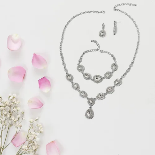 Vista 7 de Shop LC Costume Jewelry Set for Women Teardrop Necklace Bracelet Earrings Crystal Bridal Wedding Jewelry Sets for Brides Bridal Necklace 20" &