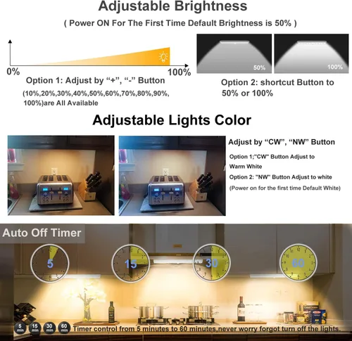 Vista 3 de LDOPTO - Luces para debajo del gabinete inalámbricas, paquete de 4 unidades, luces recargables accionadas a pila con control remoto, luces LED