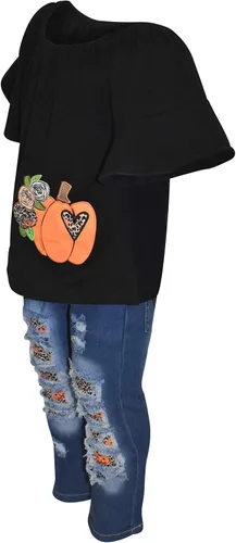 Vista 2 de Unique Baby Conjunto de jeans rasgados de mezclilla con estampado de animales para niñas, Granate