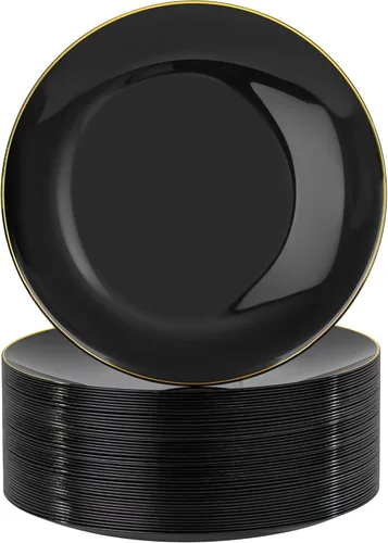 Vista 19 de Nervure - Juego de 100 platos de plástico desechables negros de 7.5 pulgadas, platos de postre negros desechables, platos de plástico dorado