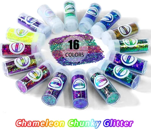 Vista 2 de Renfio Chameleon Purpurina Gruesa con Brillo, Juego de Purpurina de Resina de 16 Colores que Cambian de Color, Cada uno 10g/0.35oz, Copos
