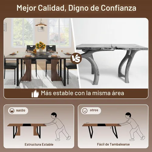 Vista 5 de Mesa de comedor grande de 70 pulgadas para 4, 5, 6 personas, mesa de comedor de cocina de granja con mesa de madera marrón, mesas de comedor