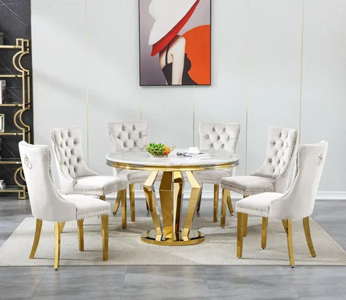 Vista 47 de Juego de mesa de comedor de mármol sintético de oro blanco de 47 pulgadas para 2, juego de mesa de comedor de cocina de 3 piezas, juego de mesa