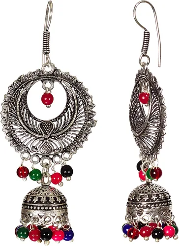 Vista 2 de DESI HAWKER Pendientes de plata oxidada Bali Jhumki Jhumka Joyería Bollywood Gota Colgante Hoop Chand Bali Chandelier NI-73