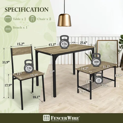 Vista 3 de Fencer Wire Juego de mesa de comedor de 4 piezas para 4 piezas con banco y sillas, mesa rectangular, banco y dos sillas, juego de comedor que ahorra