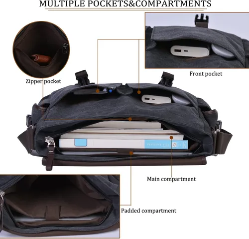 Vista 5 de Bolsa de mensajero vintage de lona para laptop de 15.6 pulgadas para hombres y mujeres, bolsa de hombro para computadora universitaria, maletines