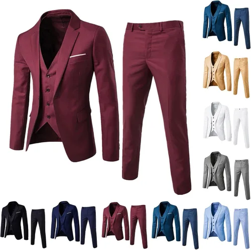 Vista 2 de Fxbar Traje de hombre delgado de 3 piezas traje de negocios boda fiesta chaqueta chaleco y pantalones abrigo camisa de vestir pequeña, Blanco