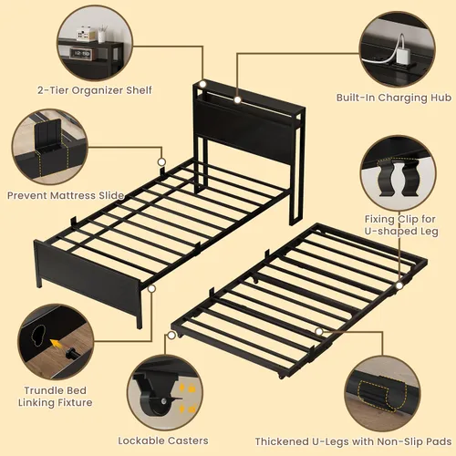 Vista 4 de IRONCK Twin Daybed with Trundle Bed & Storage Headboard & Charging Station Sturdy Metal Twin Bed Frame, Space-Saving Pop Up Trundle Bed for