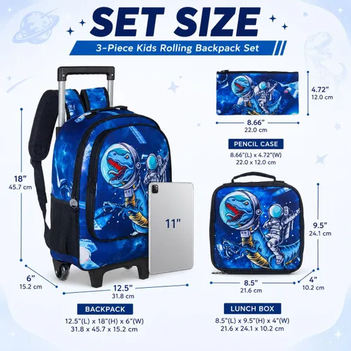 Vista 4 de Mochila rodante para niñas y niños, juego de 3 piezas con ruedas de diseño de unicornio o dinosaurio Dinosaurio astronauta.